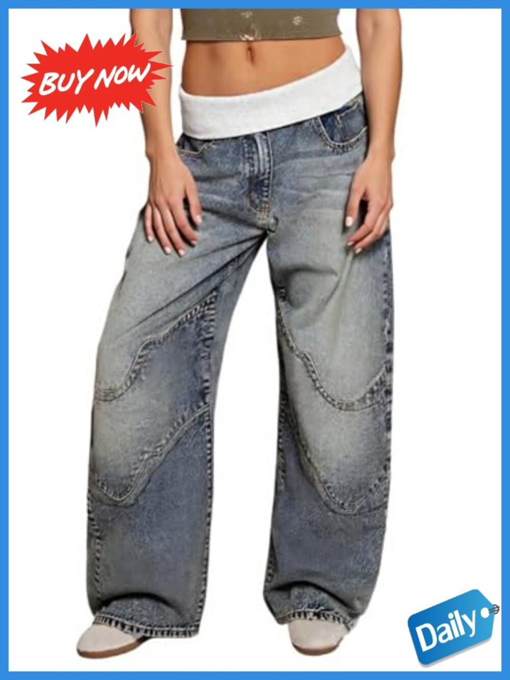 High Rise Barrel Cargo Jeans Polyester Spandex Patchwork Denim